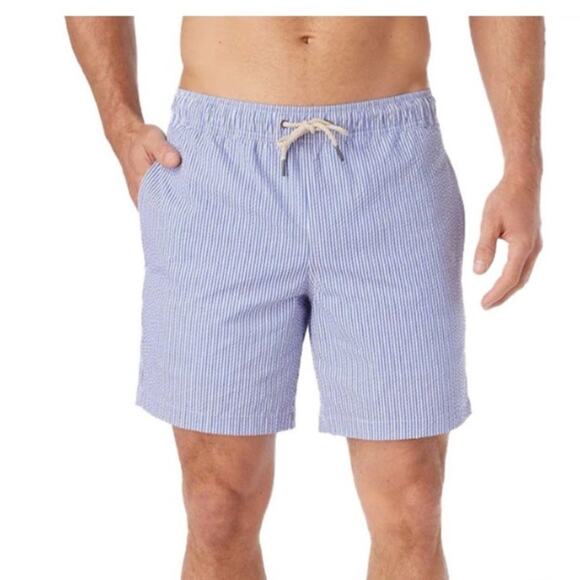 Fair Harbor Bayberry Swim Trunks Shorts Lt. Blue Seersucker Stretch Lined Sz L - Picture 1 of 13